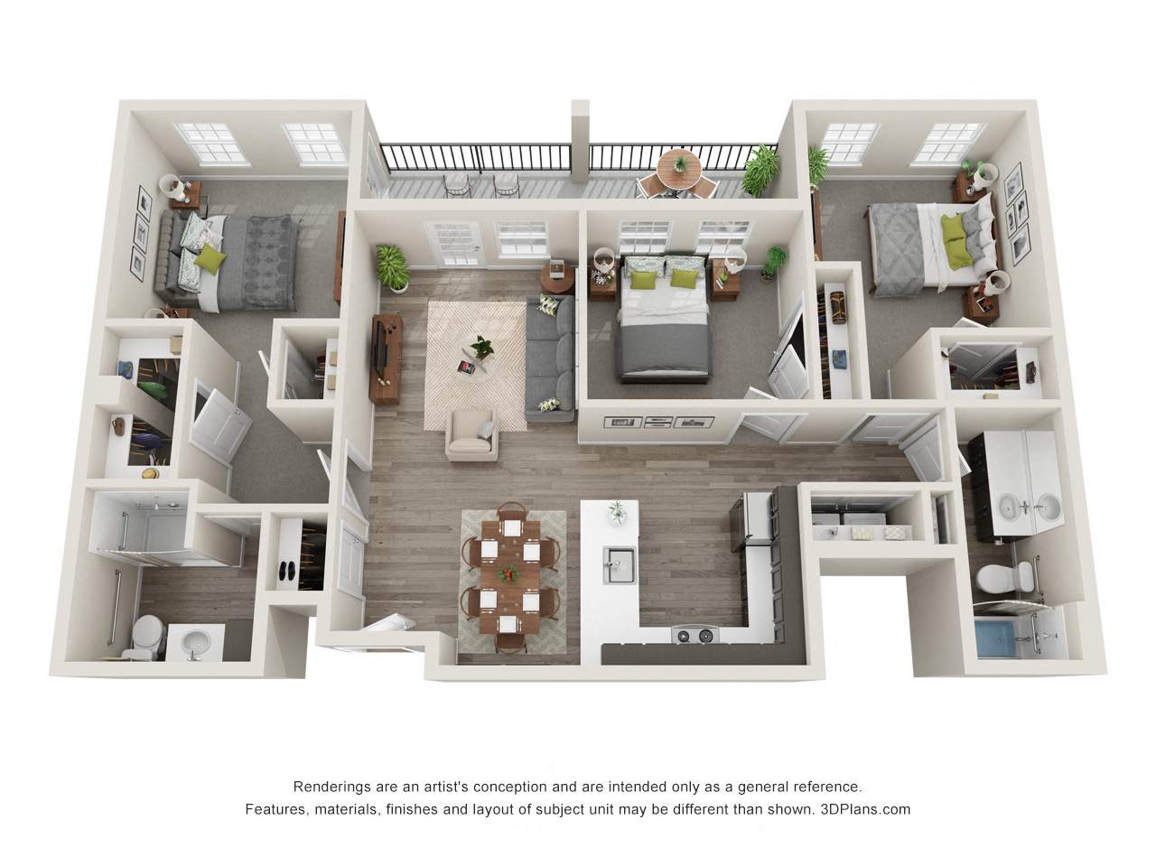 Floor plan for 3 beds, 2 baths, 1285 sqft